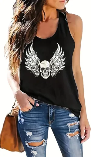 Fensajomon Skull Shirt for Women Tank Top Sleeveless Workout Summer Printed Loose Running T-Shirt Vest