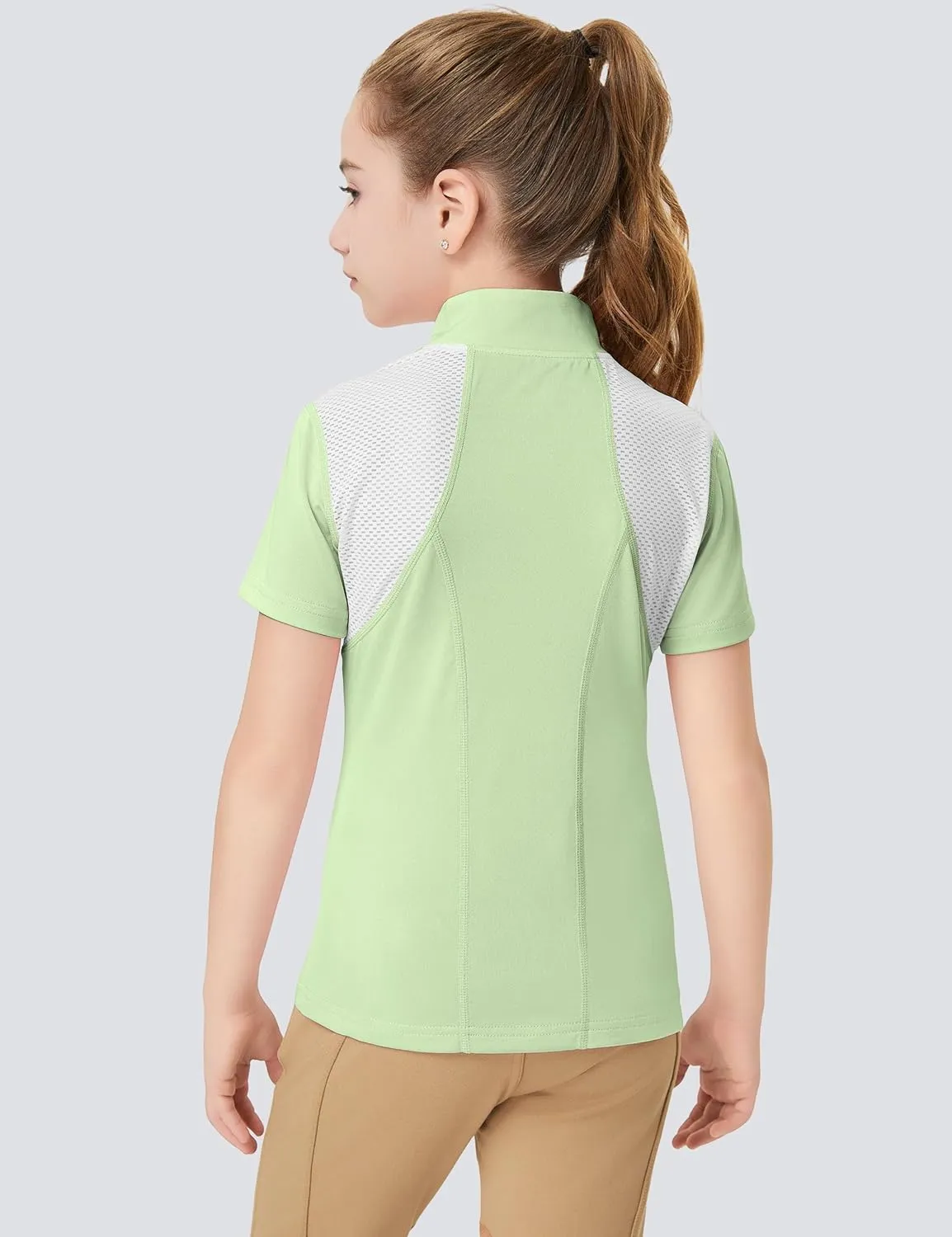 FitsT4 Sports Girls Short Sleeve Equestrian Shirt Quick Dry Horse Riding Shirts Half Zip Horseback Show Shirt