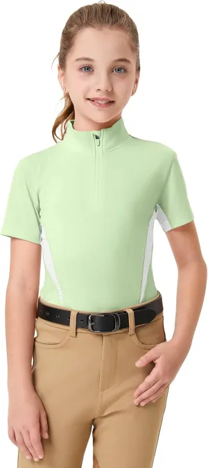 FitsT4 Sports Girls Short Sleeve Equestrian Shirt Quick Dry Horse Riding Shirts Half Zip Horseback Show Shirt