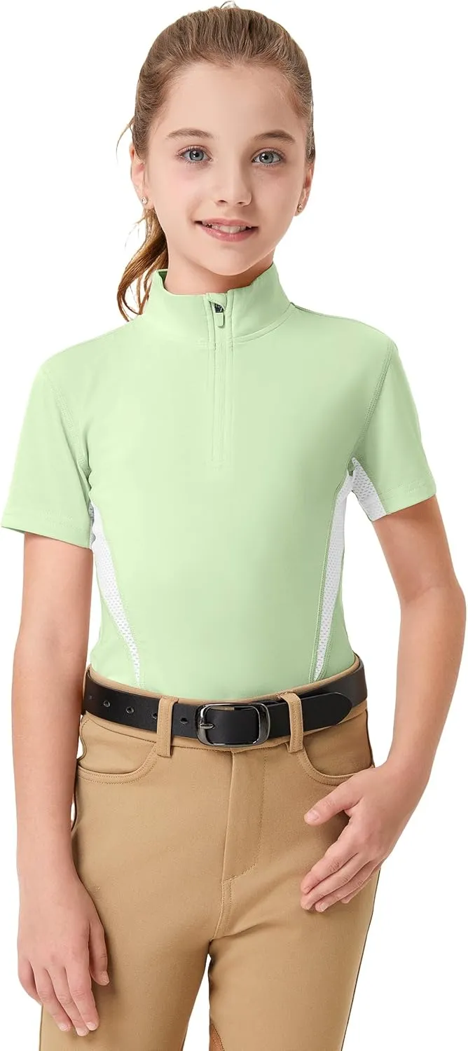 FitsT4 Sports Girls Short Sleeve Equestrian Shirt Quick Dry Horse Riding Shirts Half Zip Horseback Show Shirt
