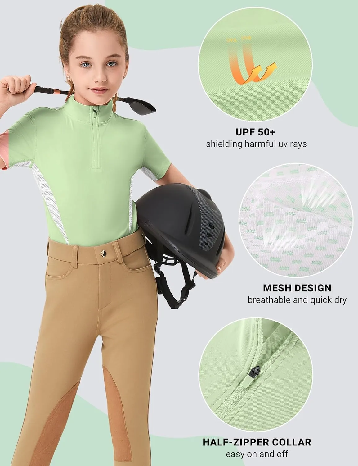 FitsT4 Sports Girls Short Sleeve Equestrian Shirt Quick Dry Horse Riding Shirts Half Zip Horseback Show Shirt