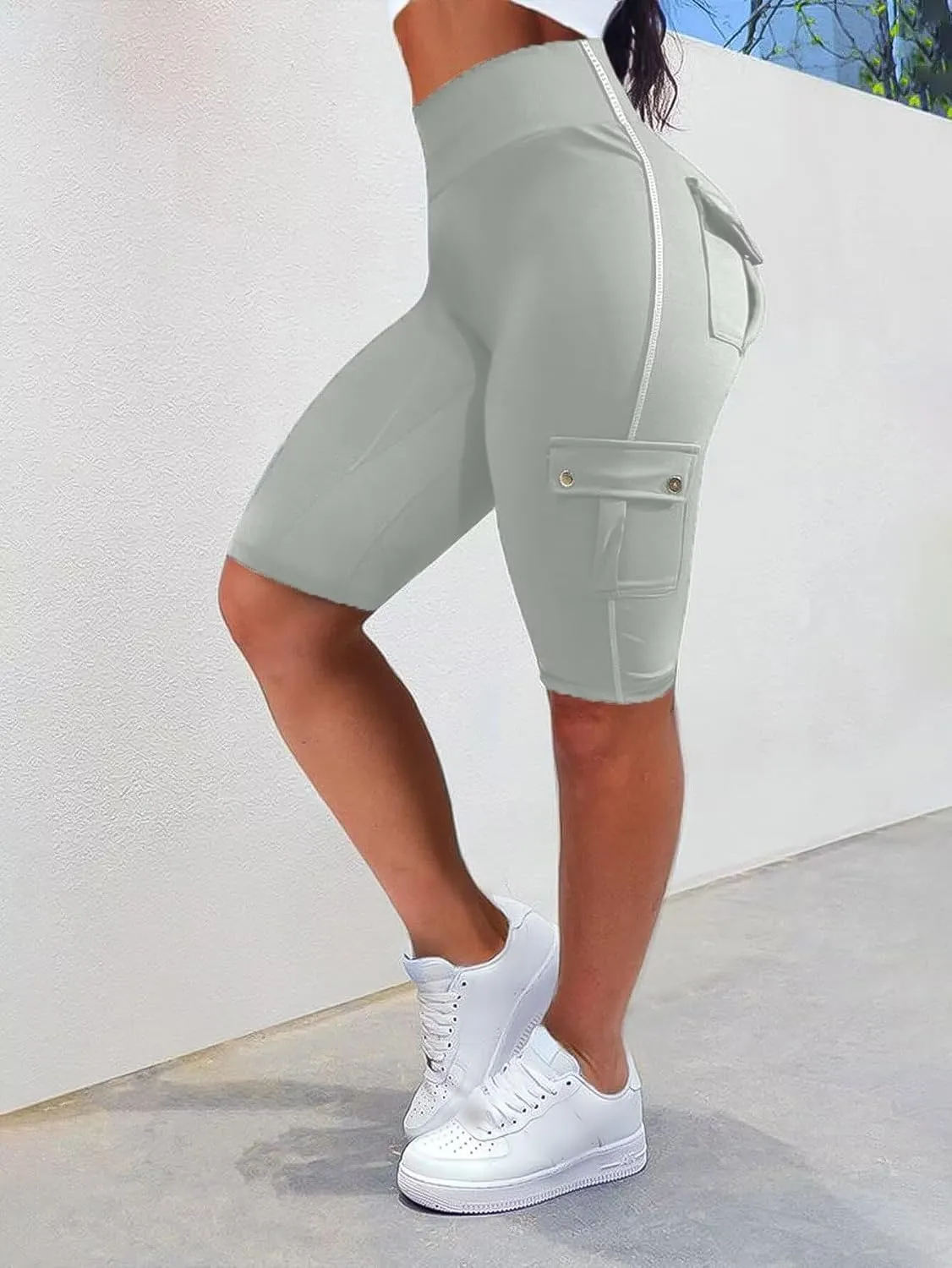 Flamingals Biker Shorts for Women High Waist Cargo Athletic Shorts Butt Lifting Workout Shorts Running Shorts