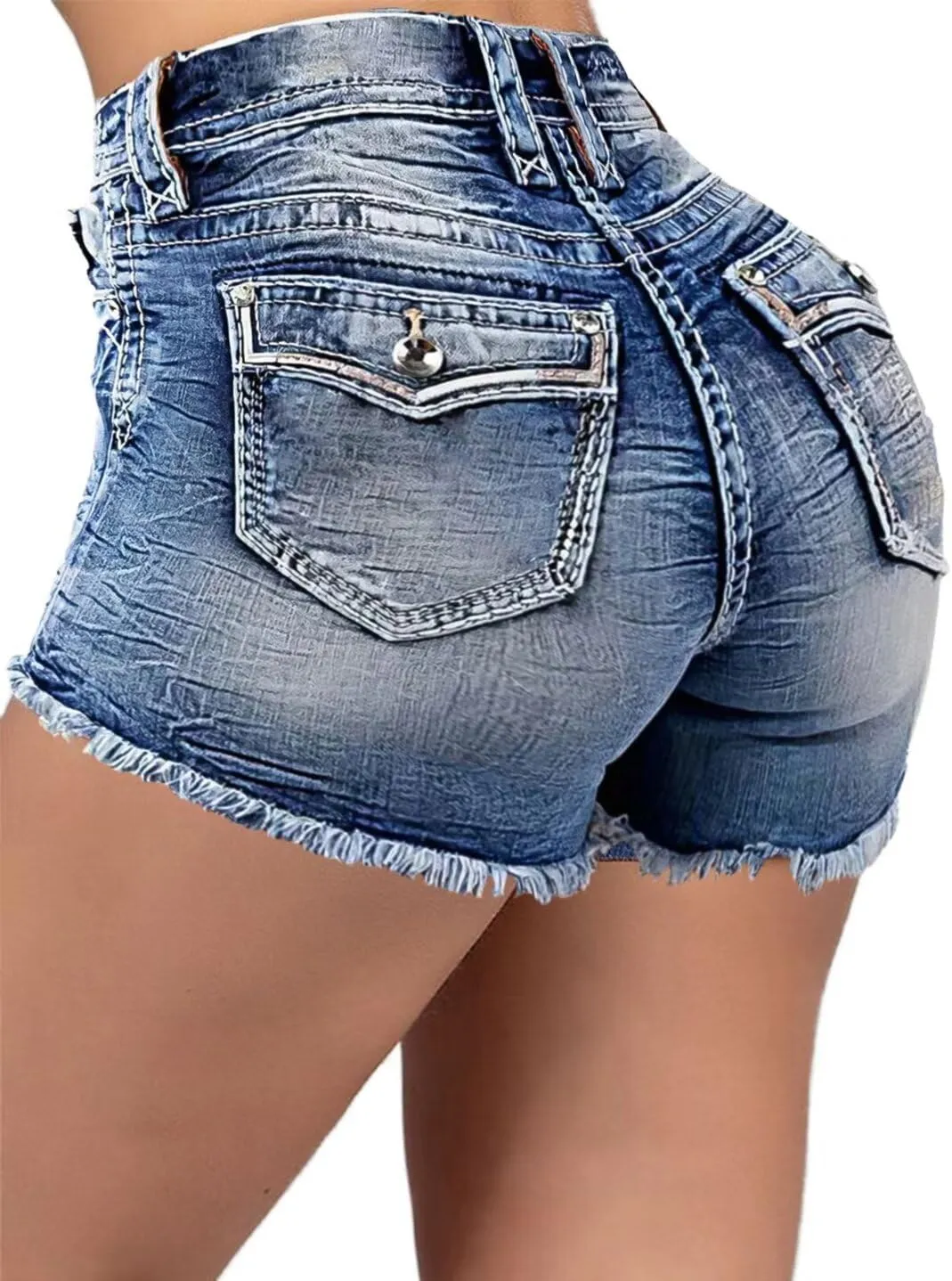 Flamingals Women's Ripped Stretchy Jean Shorts Mid Rise Skinny Denim Shorts Distressed Frayed Raw Hem Casual Summer Shorts