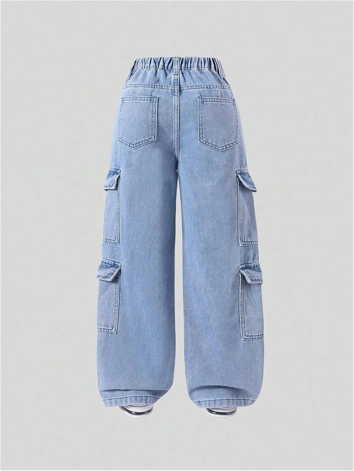 Floerns Girl's Elastic Waist Jean Cargo Pants Baggy Wide Leg Flap Pocket Denim Pants
