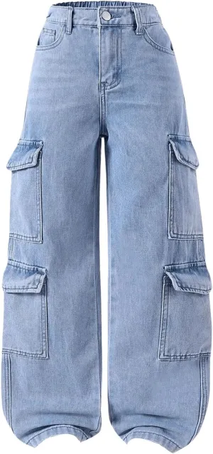 Floerns Girl's Elastic Waist Jean Cargo Pants Baggy Wide Leg Flap Pocket Denim Pants