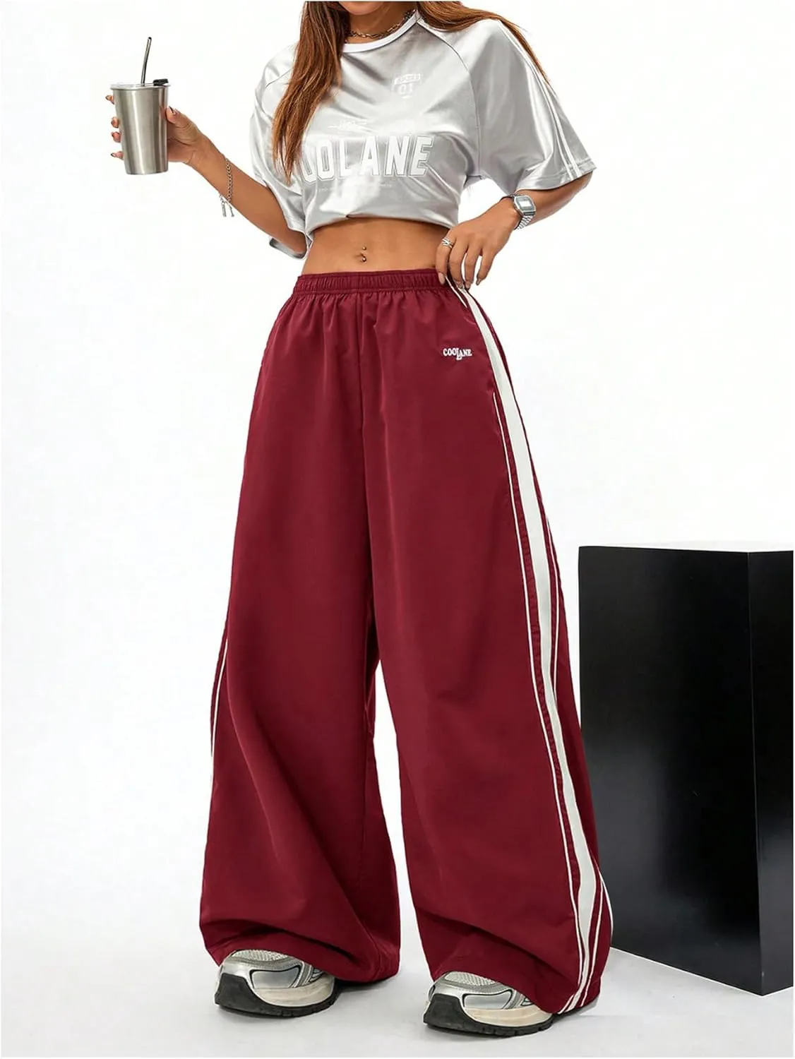 Floerns Women's Elastic Waist Side Striped Track Pants Baggy Wide Leg Hip Hop Pants