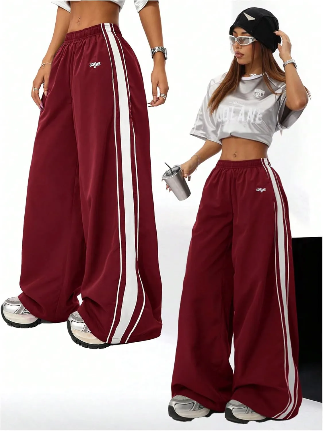 Floerns Women's Elastic Waist Side Striped Track Pants Baggy Wide Leg Hip Hop Pants