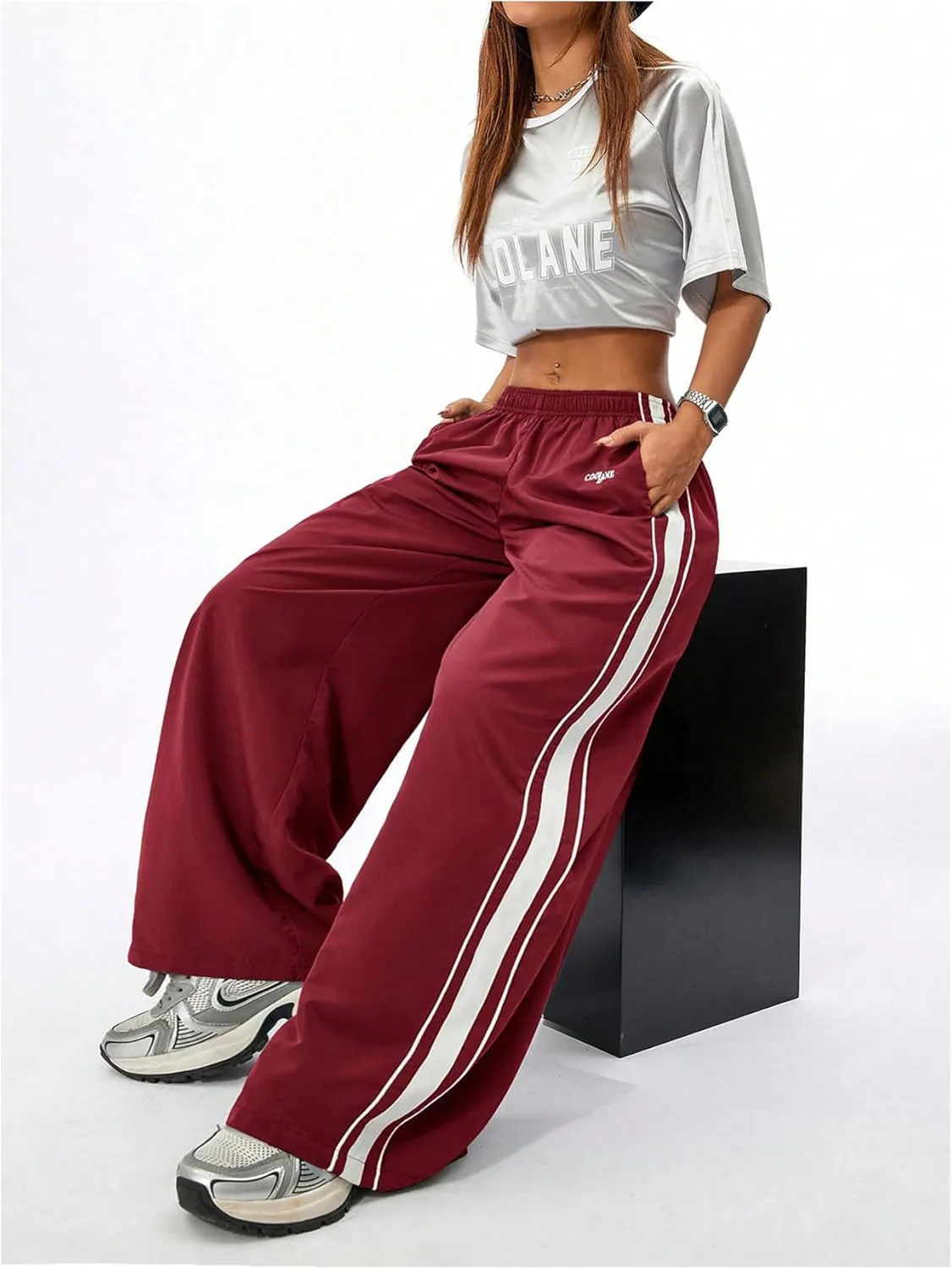 Floerns Women's Elastic Waist Side Striped Track Pants Baggy Wide Leg Hip Hop Pants