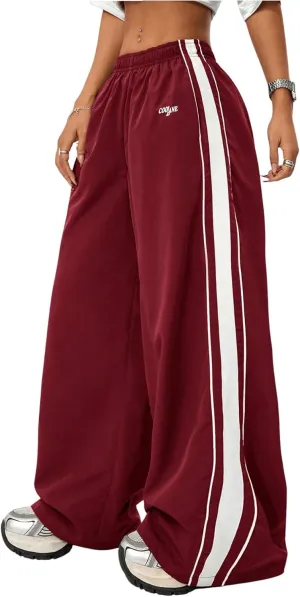 Floerns Women's Elastic Waist Side Striped Track Pants Baggy Wide Leg Hip Hop Pants