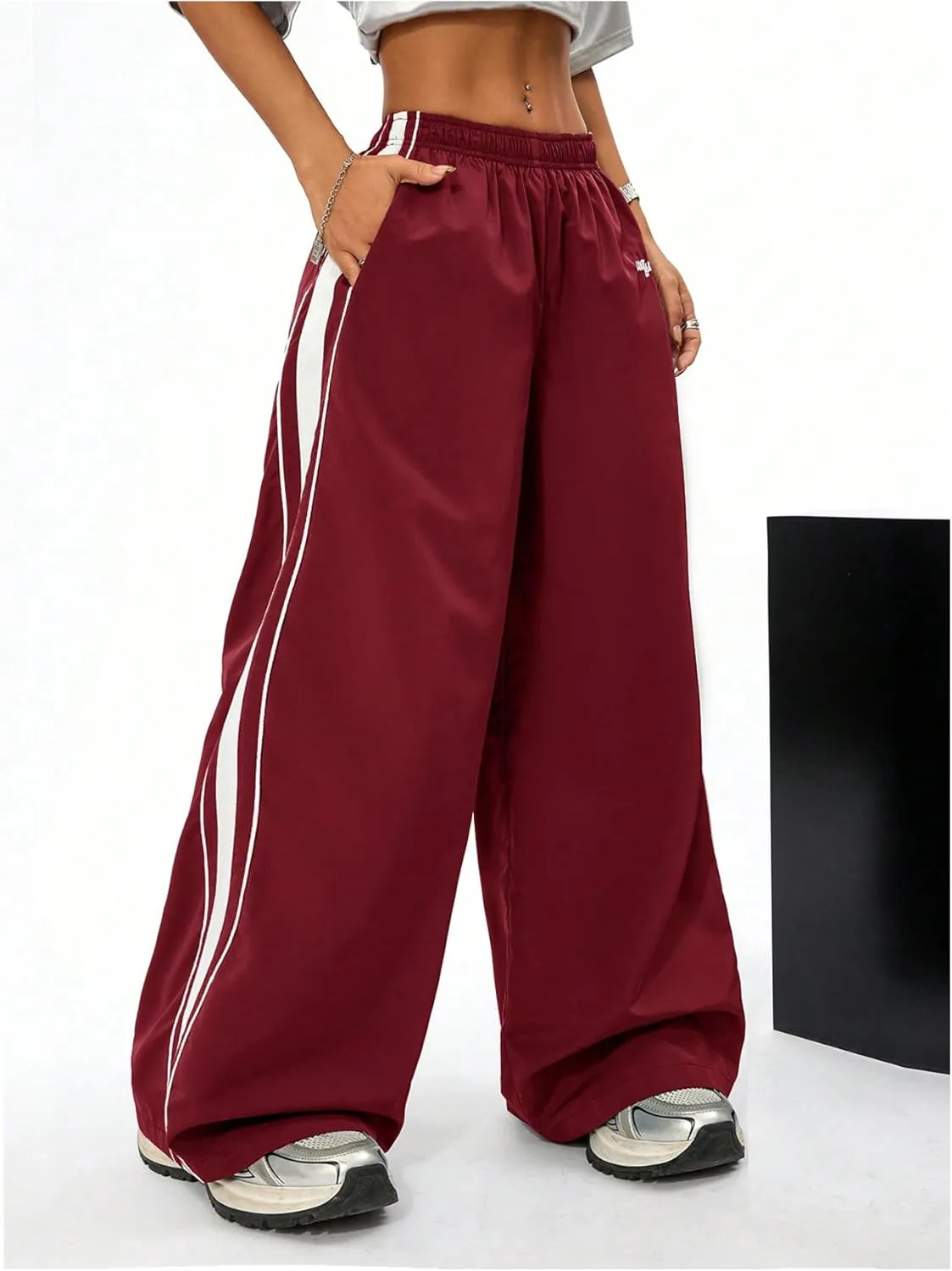 Floerns Women's Elastic Waist Side Striped Track Pants Baggy Wide Leg Hip Hop Pants