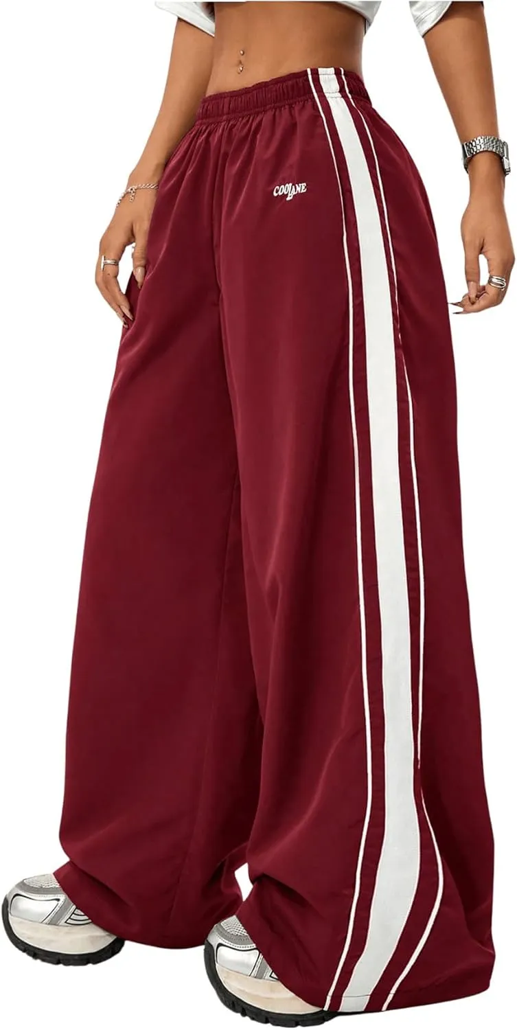 Floerns Women's Elastic Waist Side Striped Track Pants Baggy Wide Leg Hip Hop Pants