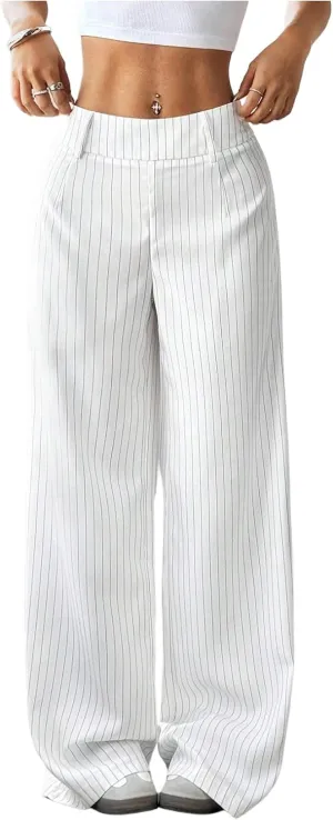 Floerns Women's Striped Print High Waisted Dress Pants Straight Leg Work Suit Pants