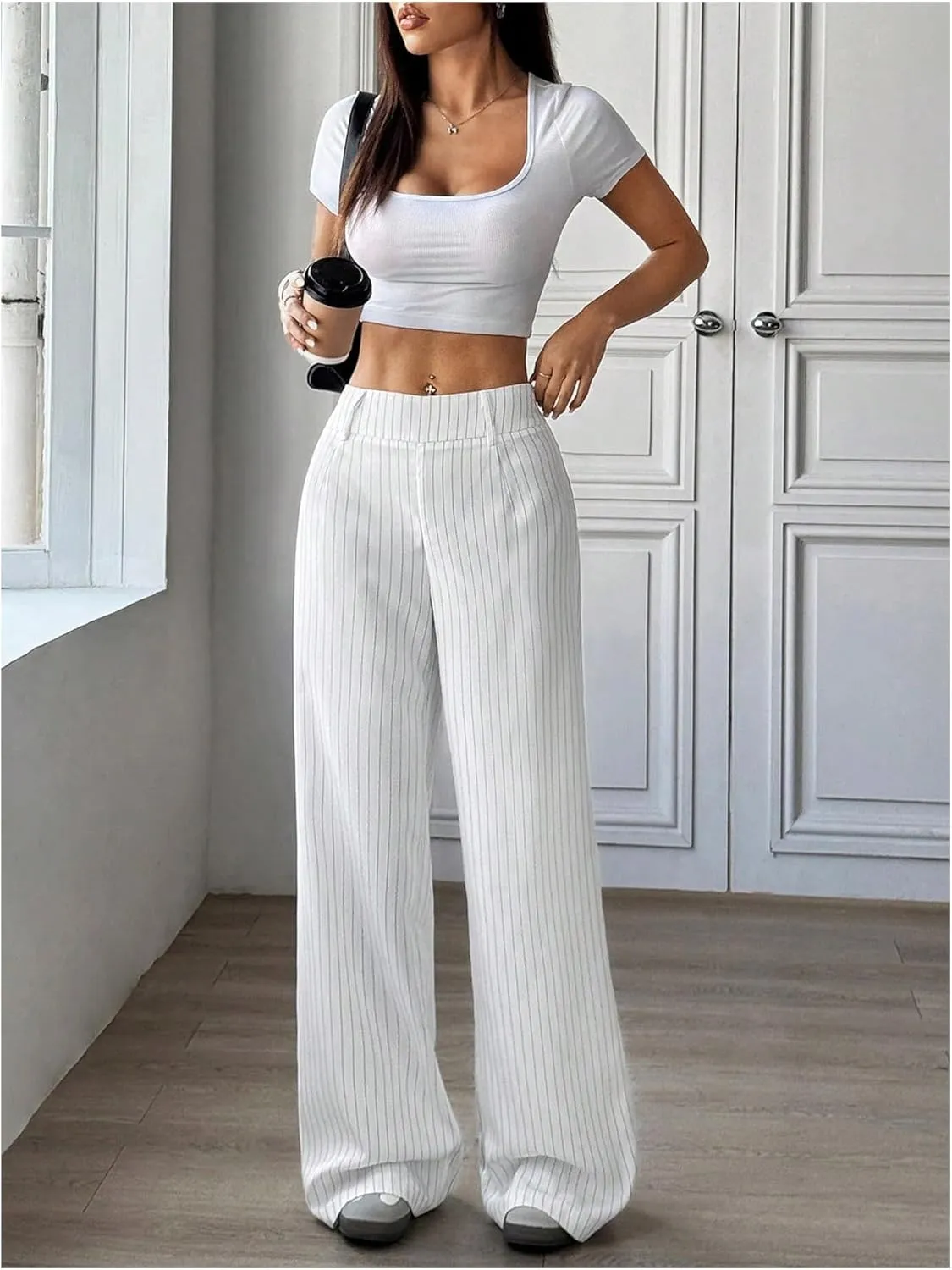 Floerns Women's Striped Print High Waisted Dress Pants Straight Leg Work Suit Pants