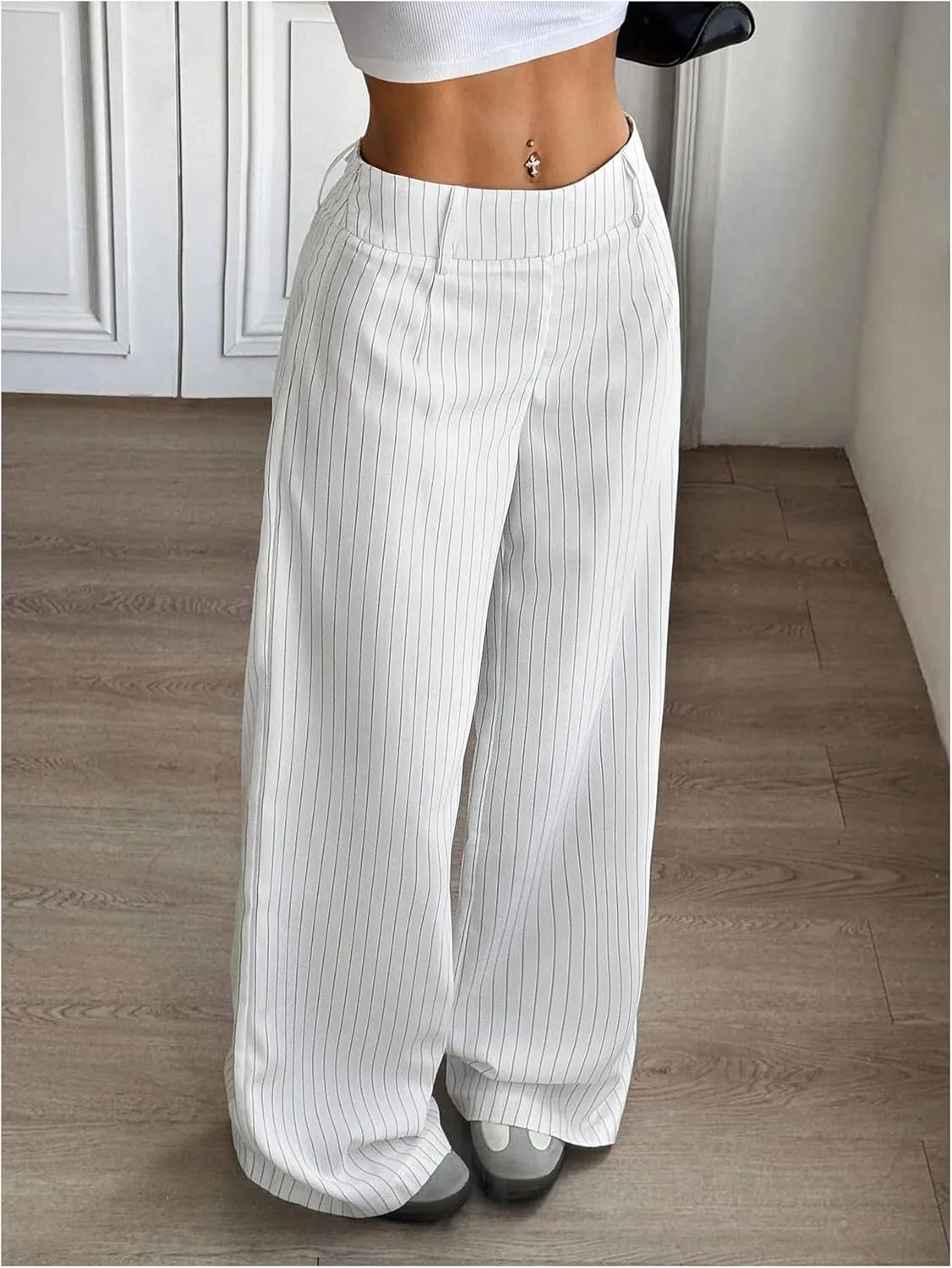 Floerns Women's Striped Print High Waisted Dress Pants Straight Leg Work Suit Pants