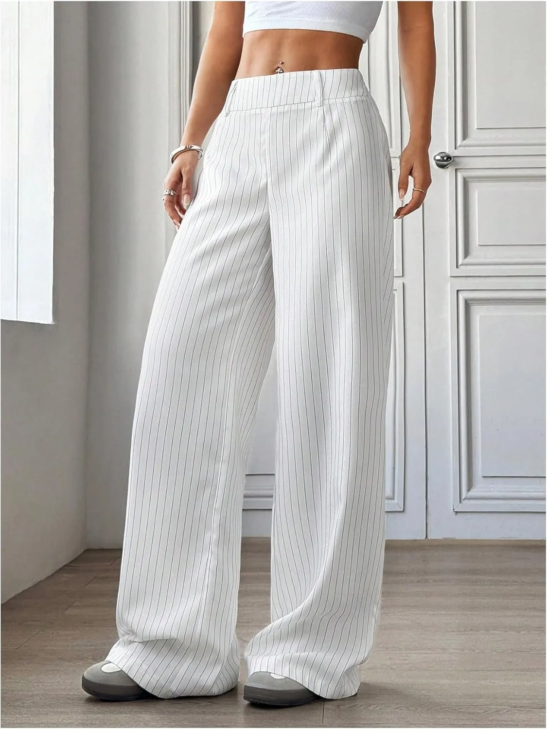 Floerns Women's Striped Print High Waisted Dress Pants Straight Leg Work Suit Pants