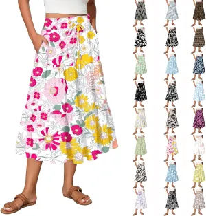 Floral Midi Skirts for Women High Waisted Knee Length Flowy Boho Skirts Casual Tiered A Line Skirt with Pockets