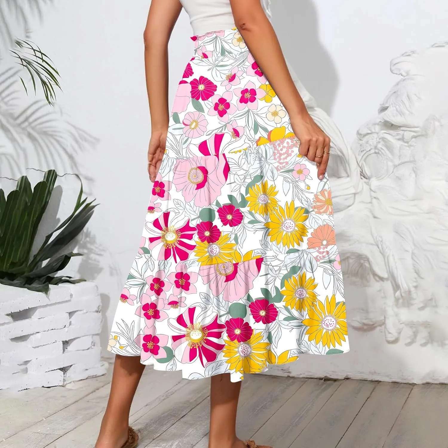Floral Midi Skirts for Women High Waisted Knee Length Flowy Boho Skirts Casual Tiered A Line Skirt with Pockets