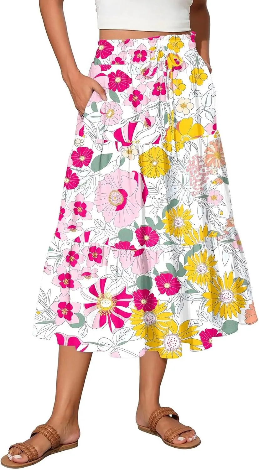 Floral Midi Skirts for Women High Waisted Knee Length Flowy Boho Skirts Casual Tiered A Line Skirt with Pockets
