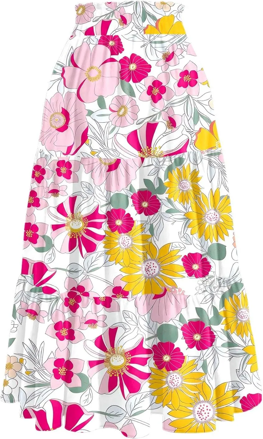 Floral Midi Skirts for Women High Waisted Knee Length Flowy Boho Skirts Casual Tiered A Line Skirt with Pockets