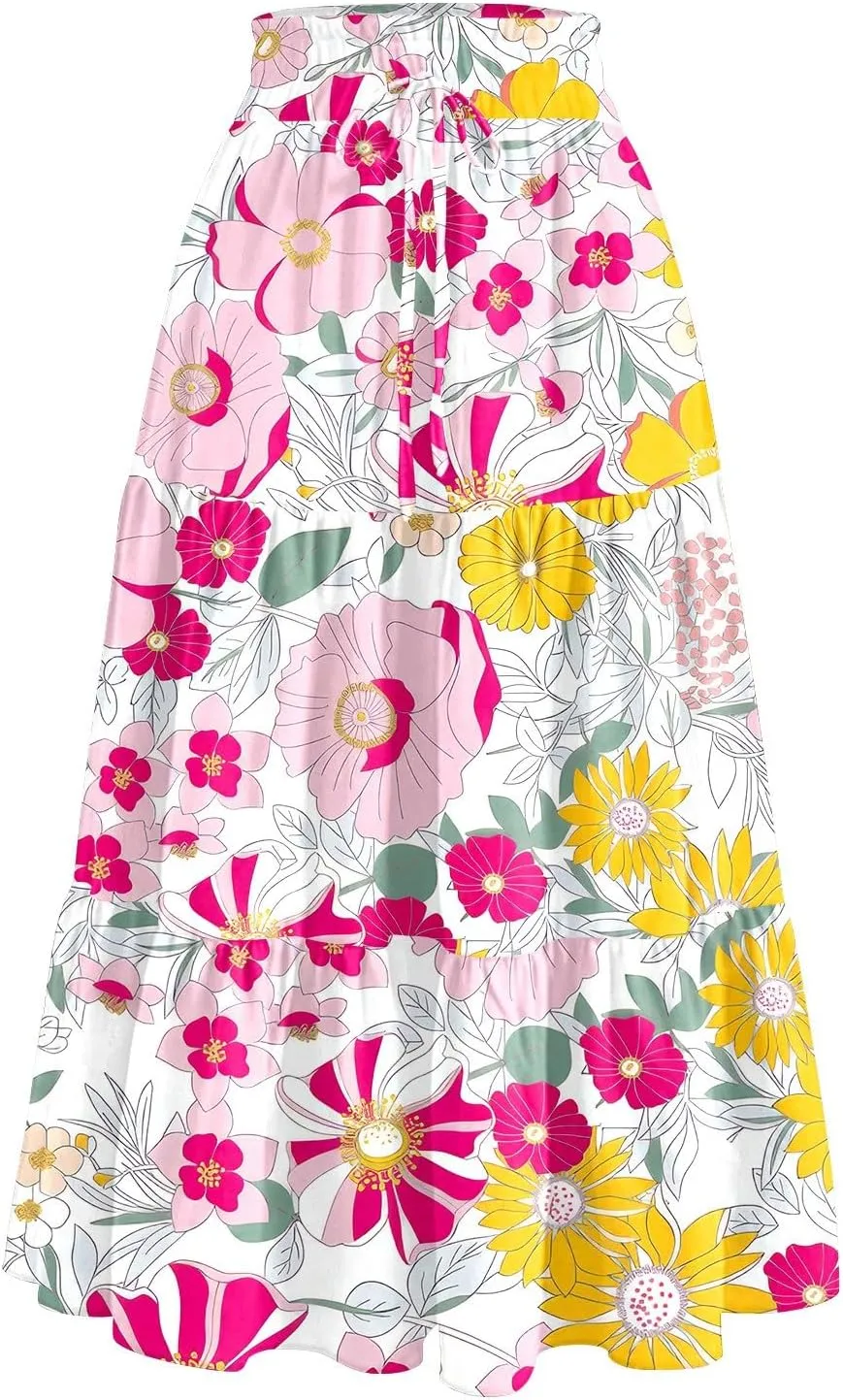 Floral Midi Skirts for Women High Waisted Knee Length Flowy Boho Skirts Casual Tiered A Line Skirt with Pockets