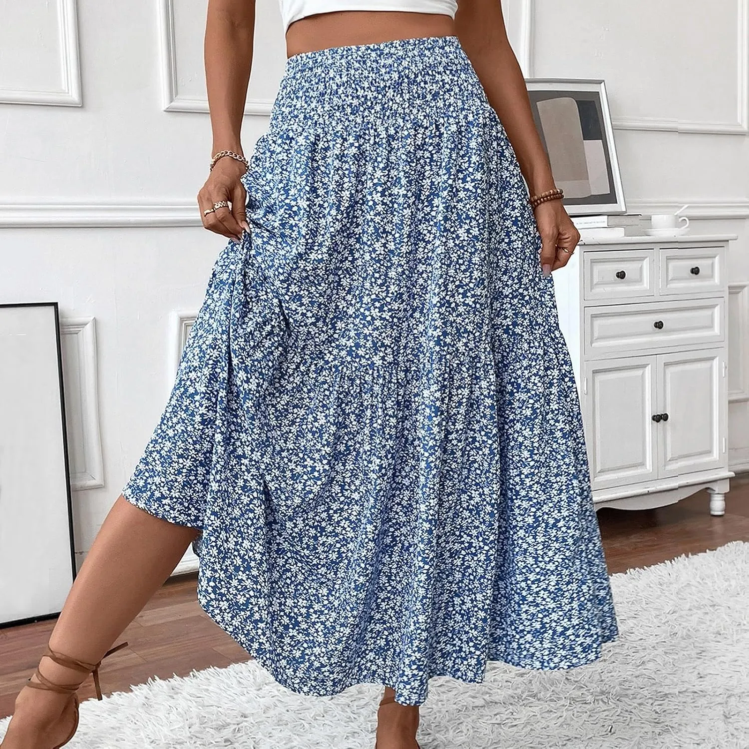 Floral Print Skirt for Womens High Waisted Elasic Cotton Bboho Skirts Casual Flowy Swing Pleated A-Line Maxi Skirt