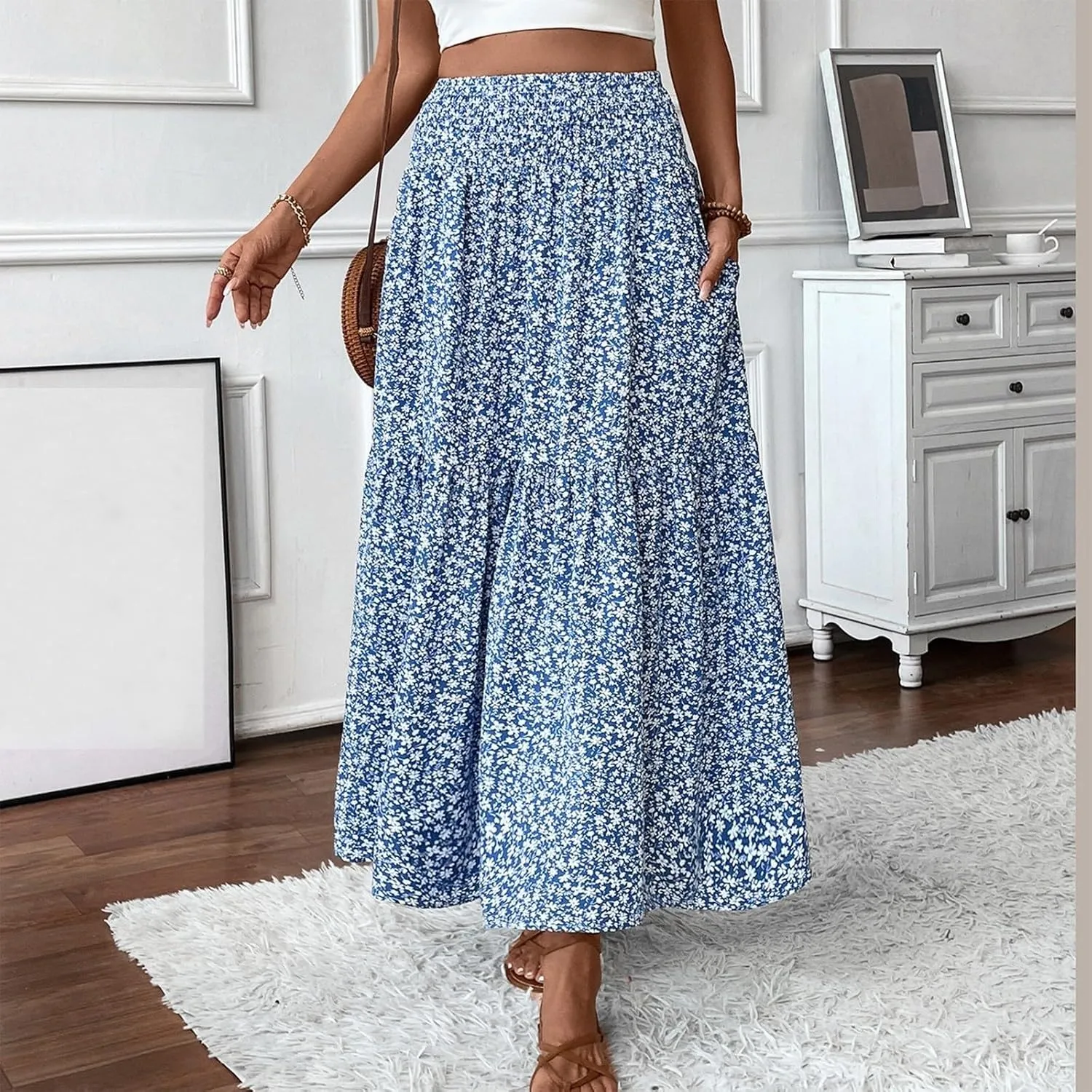 Floral Print Skirt for Womens High Waisted Elasic Cotton Bboho Skirts Casual Flowy Swing Pleated A-Line Maxi Skirt