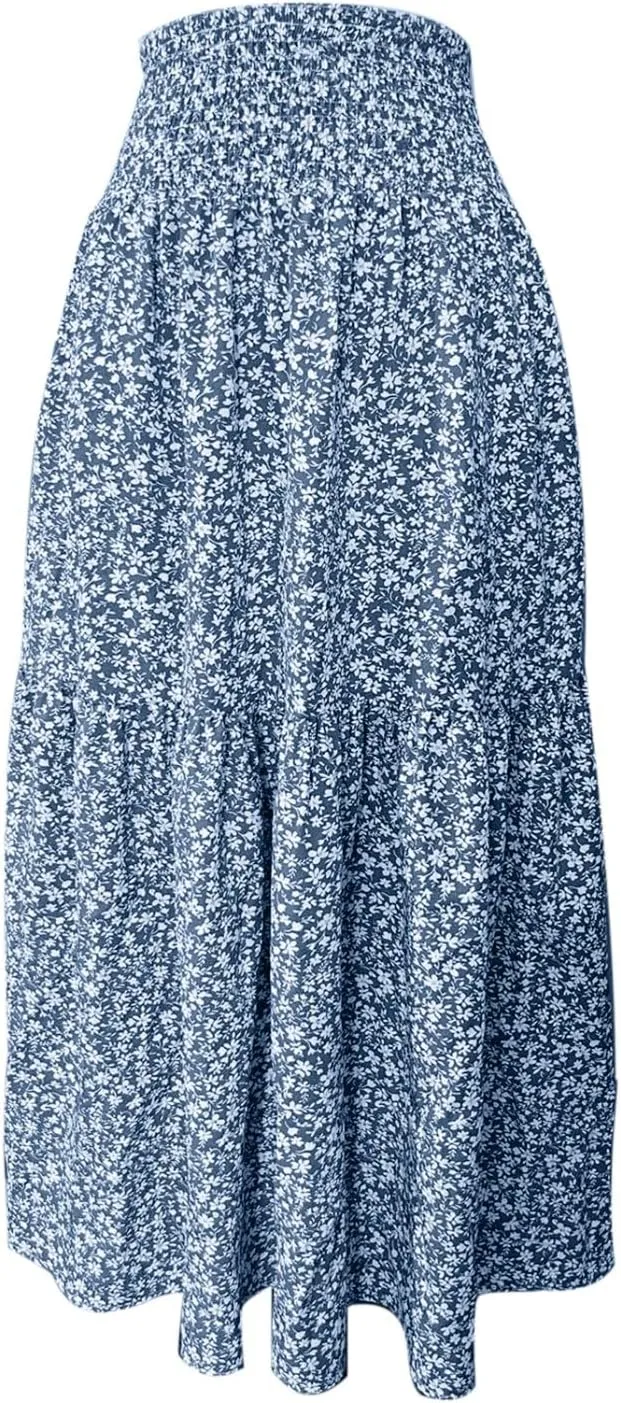 Floral Print Skirt for Womens High Waisted Elasic Cotton Bboho Skirts Casual Flowy Swing Pleated A-Line Maxi Skirt