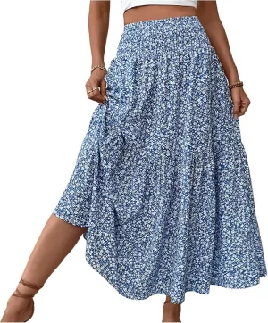 Floral Print Skirt for Womens High Waisted Elasic Cotton Bboho Skirts Casual Flowy Swing Pleated A-Line Maxi Skirt