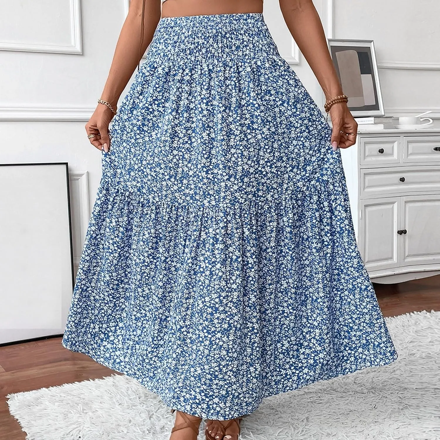 Floral Print Skirt for Womens High Waisted Elasic Cotton Bboho Skirts Casual Flowy Swing Pleated A-Line Maxi Skirt