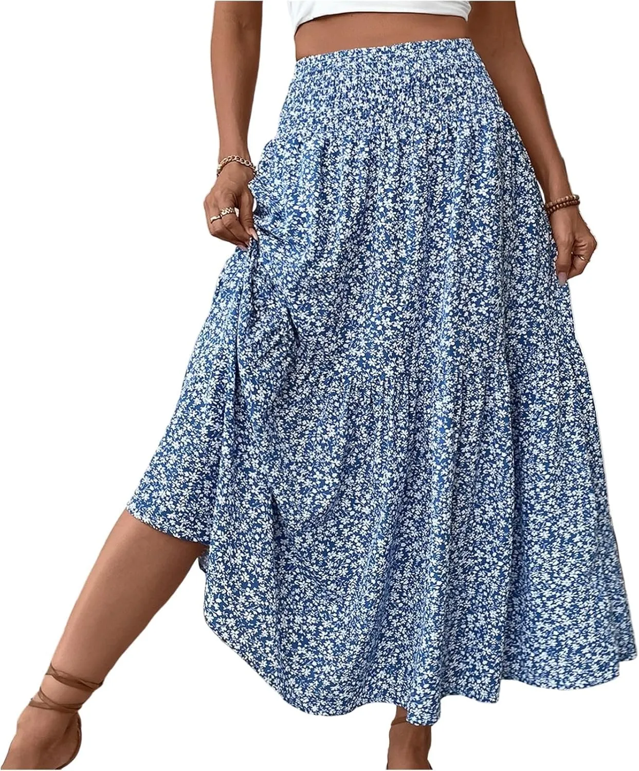 Floral Print Skirt for Womens High Waisted Elasic Cotton Bboho Skirts Casual Flowy Swing Pleated A-Line Maxi Skirt