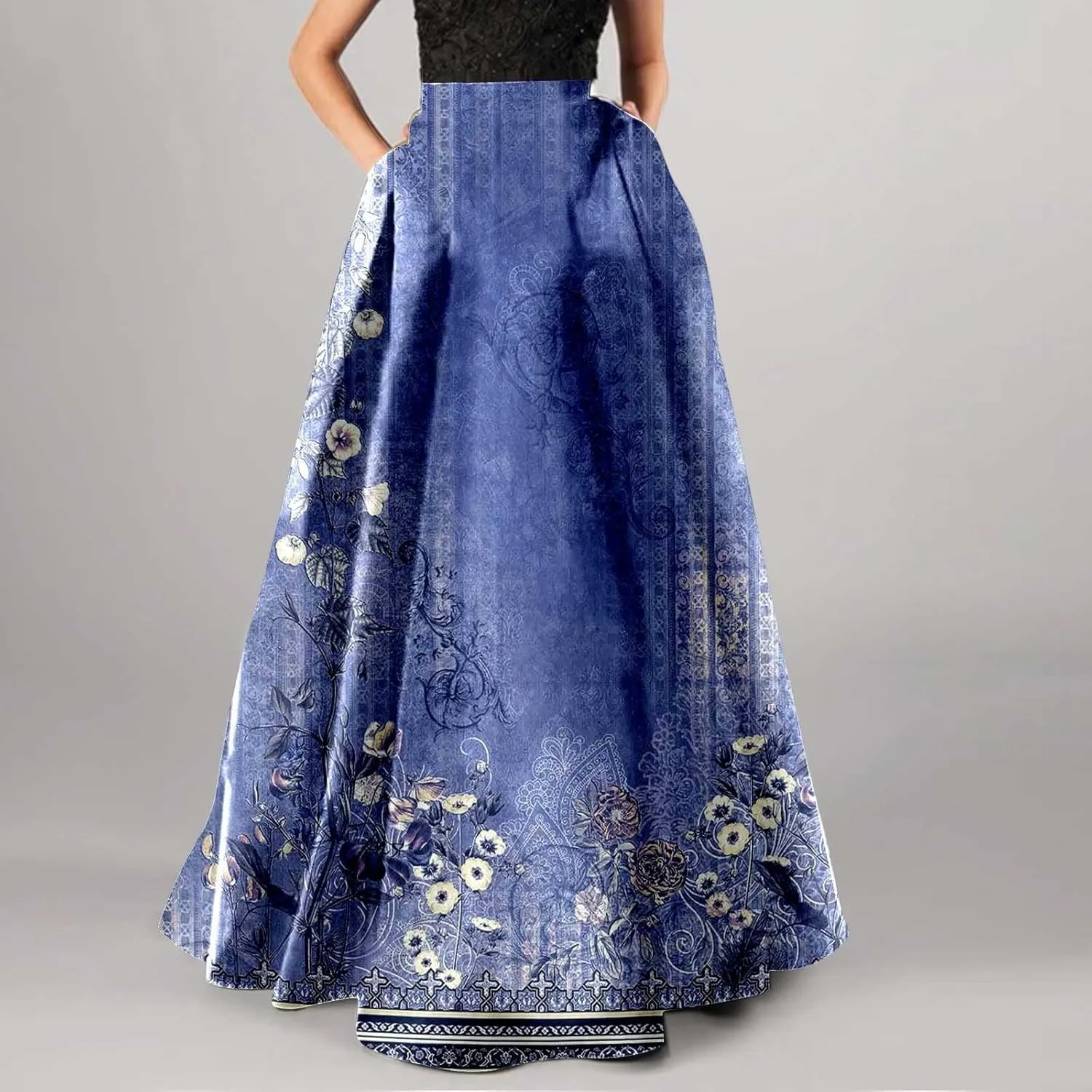 Floral Printed Maxi Skirts for Women High Waisted Long Skirts Boho Floor Length Flowy A Line Maxi Skirt with Pockets