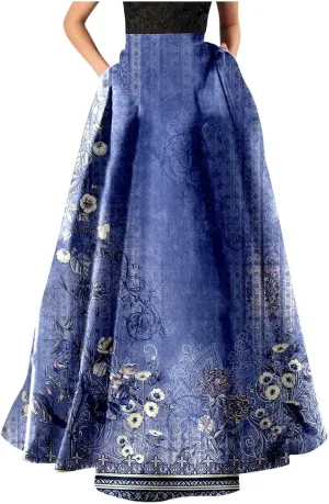 Floral Printed Maxi Skirts for Women High Waisted Long Skirts Boho Floor Length Flowy A Line Maxi Skirt with Pockets