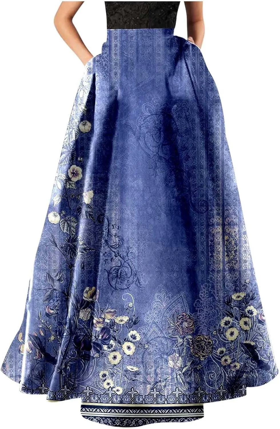 Floral Printed Maxi Skirts for Women High Waisted Long Skirts Boho Floor Length Flowy A Line Maxi Skirt with Pockets