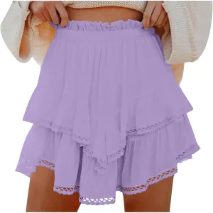 Flowy Boho Shorts for Women Casual Ruffle Tiered Skort Short High Waist Mini Skirts Golf Tennis Lace Crochet Short