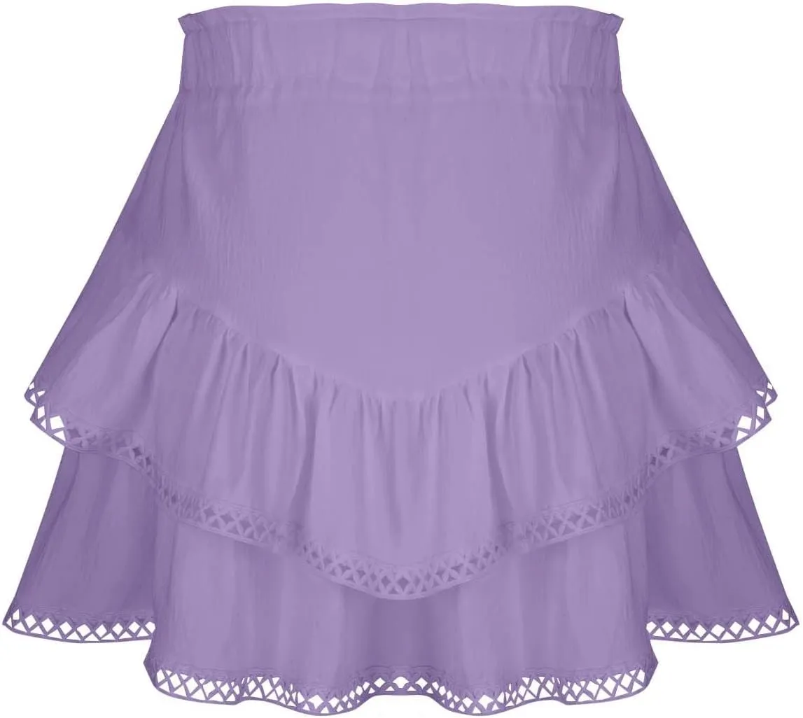 Flowy Boho Shorts for Women Casual Ruffle Tiered Skort Short High Waist Mini Skirts Golf Tennis Lace Crochet Short