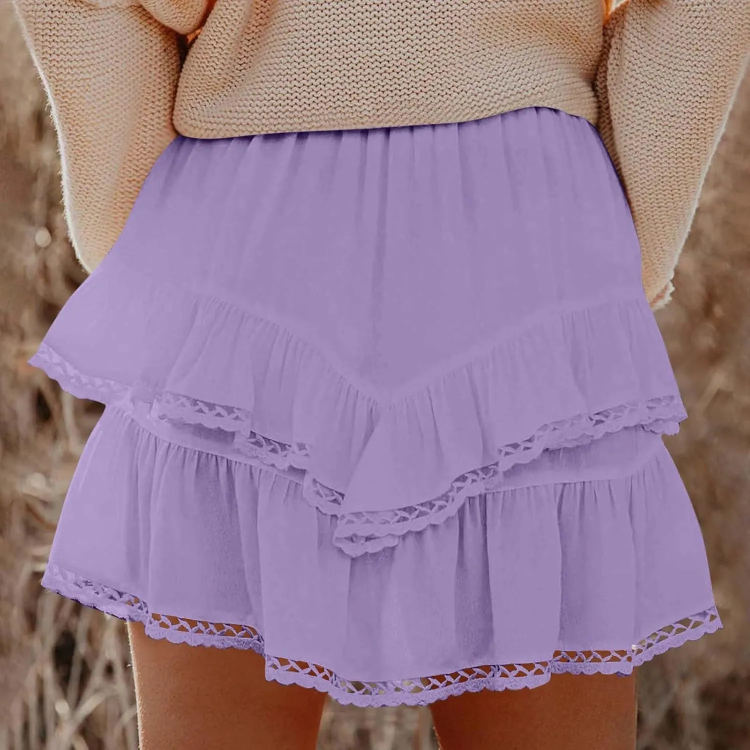 Flowy Boho Shorts for Women Casual Ruffle Tiered Skort Short High Waist Mini Skirts Golf Tennis Lace Crochet Short