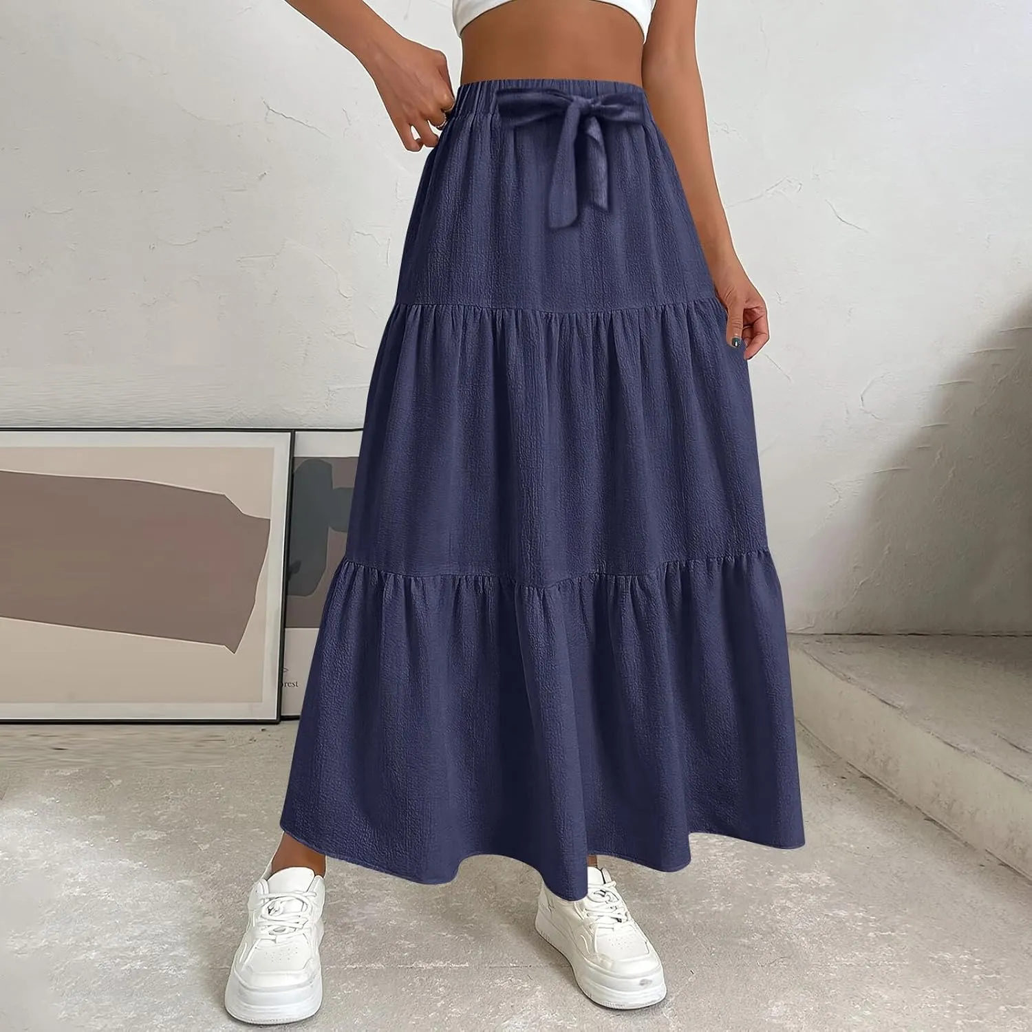 Flowy Skirts for Women Drawstring Elastic Waist Ruffled Solid Skirts Casual Bohemian Beach Skirt for Women