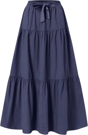 Flowy Skirts for Women Drawstring Elastic Waist Ruffled Solid Skirts Casual Bohemian Beach Skirt for Women