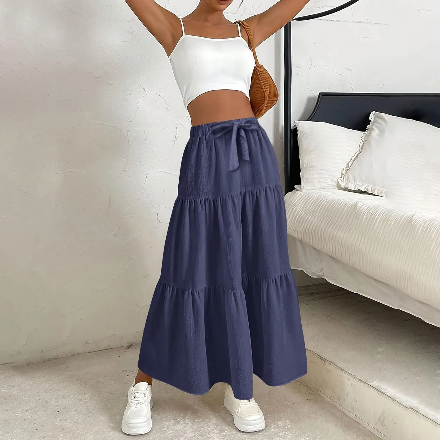 Flowy Skirts for Women Drawstring Elastic Waist Ruffled Solid Skirts Casual Bohemian Beach Skirt for Women