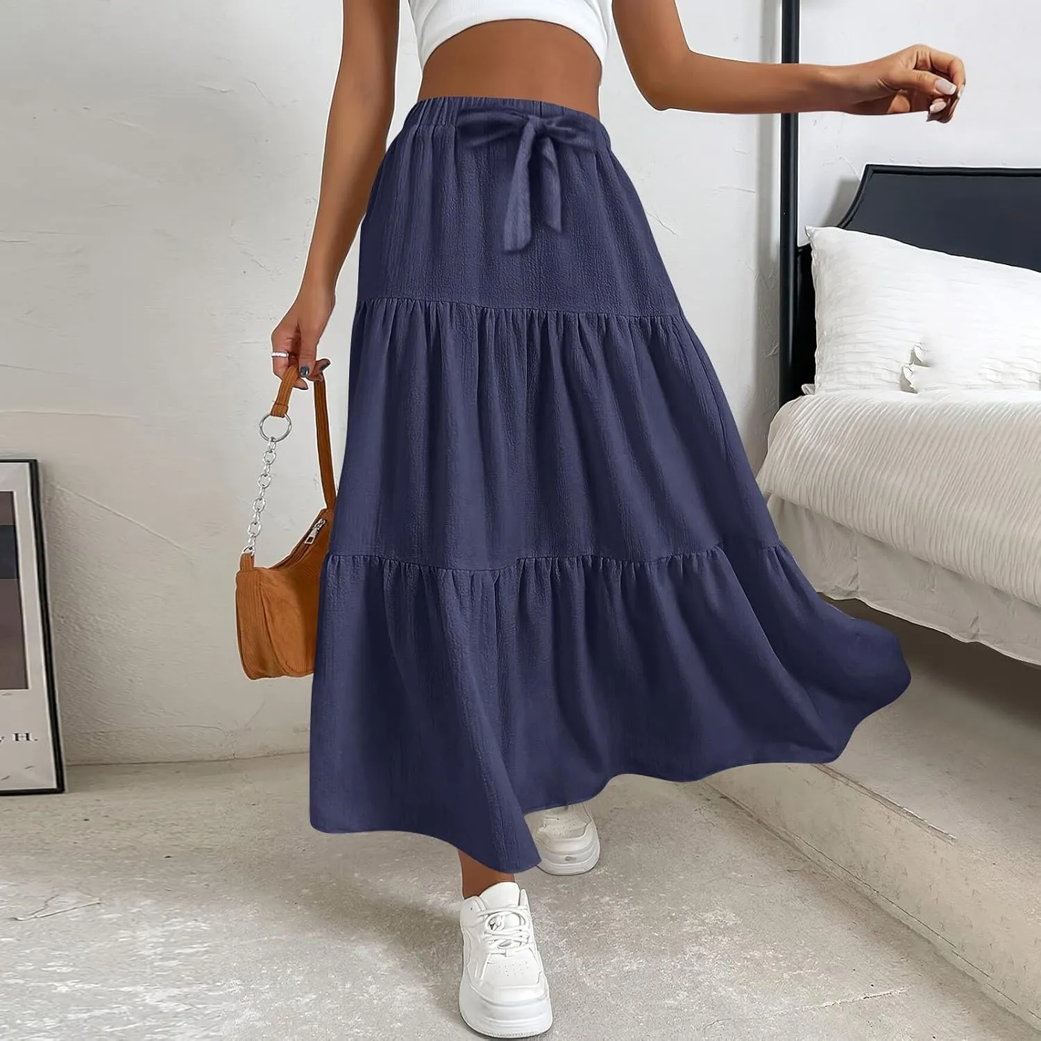 Flowy Skirts for Women Drawstring Elastic Waist Ruffled Solid Skirts Casual Bohemian Beach Skirt for Women
