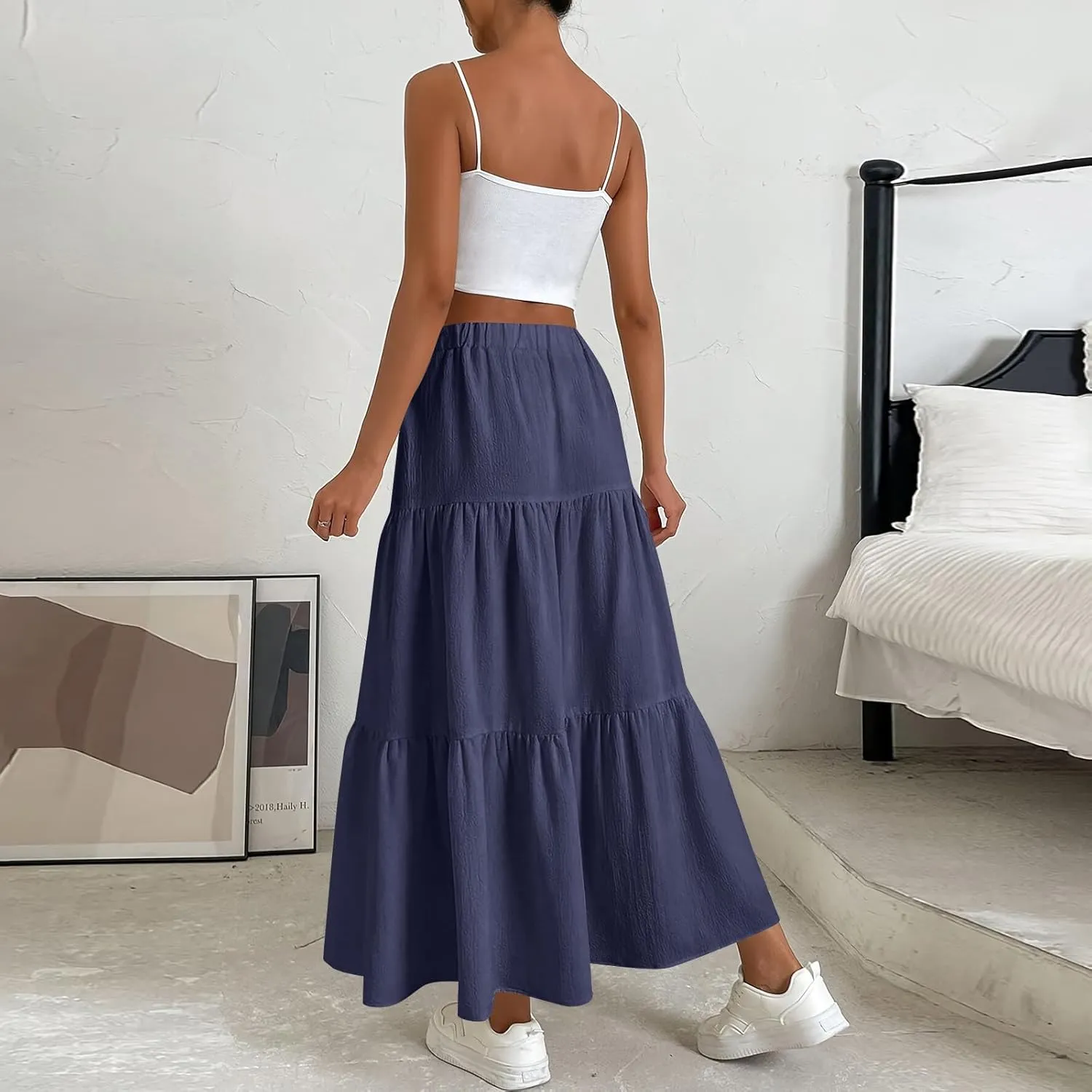 Flowy Skirts for Women Drawstring Elastic Waist Ruffled Solid Skirts Casual Bohemian Beach Skirt for Women
