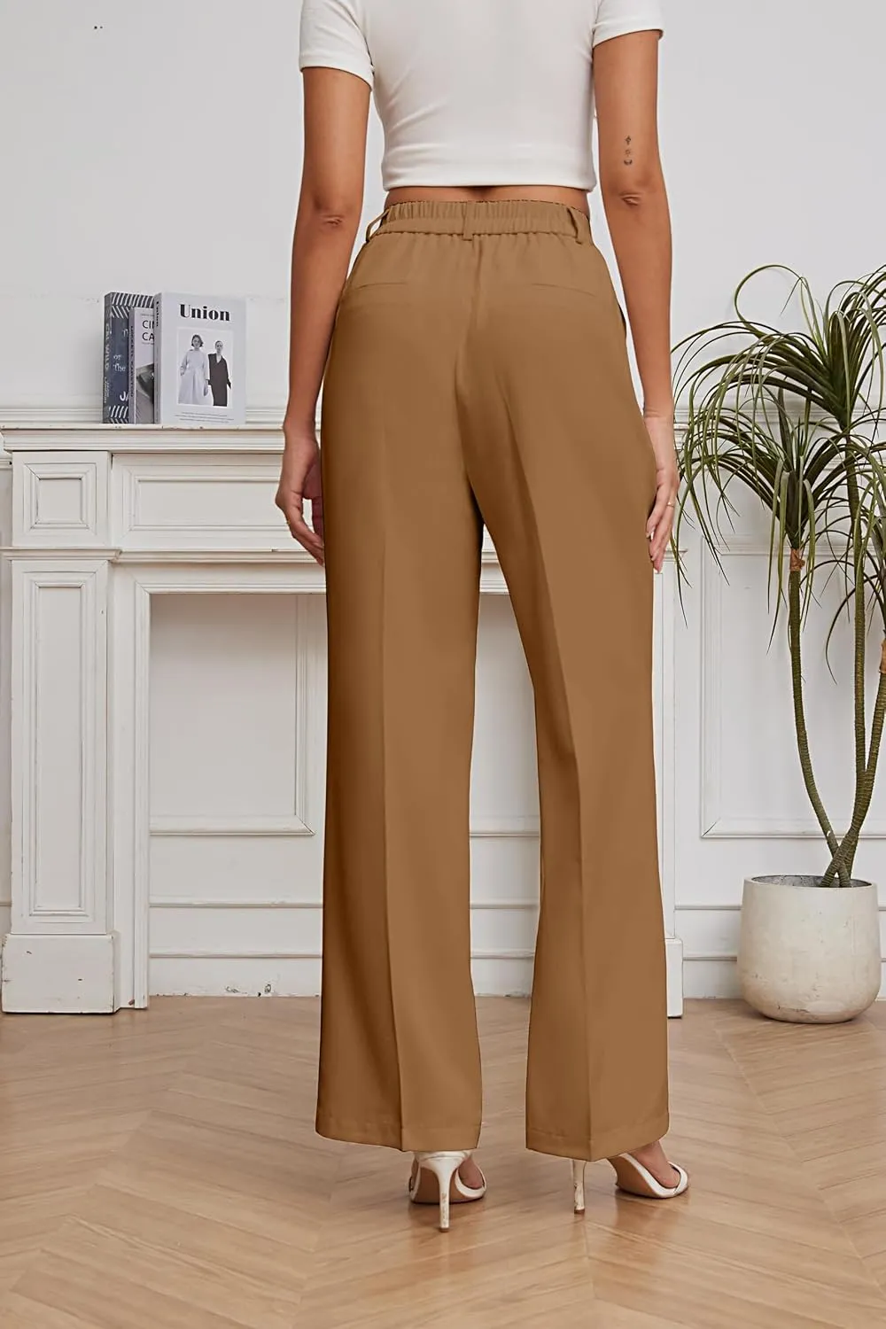 FUNYYZO Women Suit Pants Wide Leg Pants High Elastic Waisted in The Back Business Work Trousers Long Straight