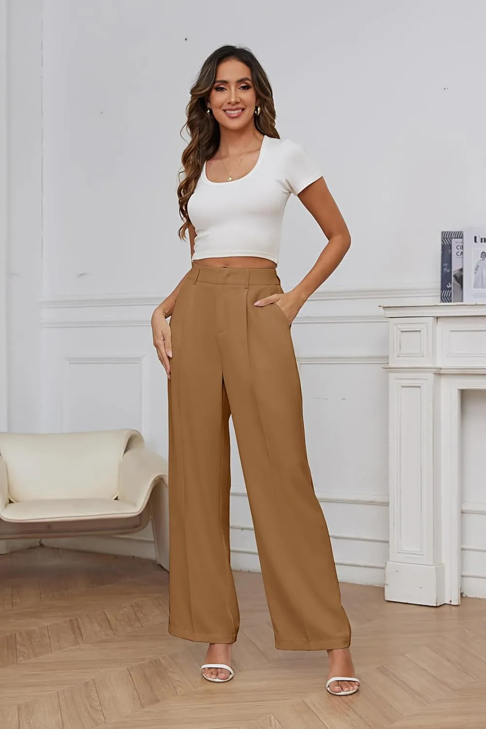 FUNYYZO Women Suit Pants Wide Leg Pants High Elastic Waisted in The Back Business Work Trousers Long Straight