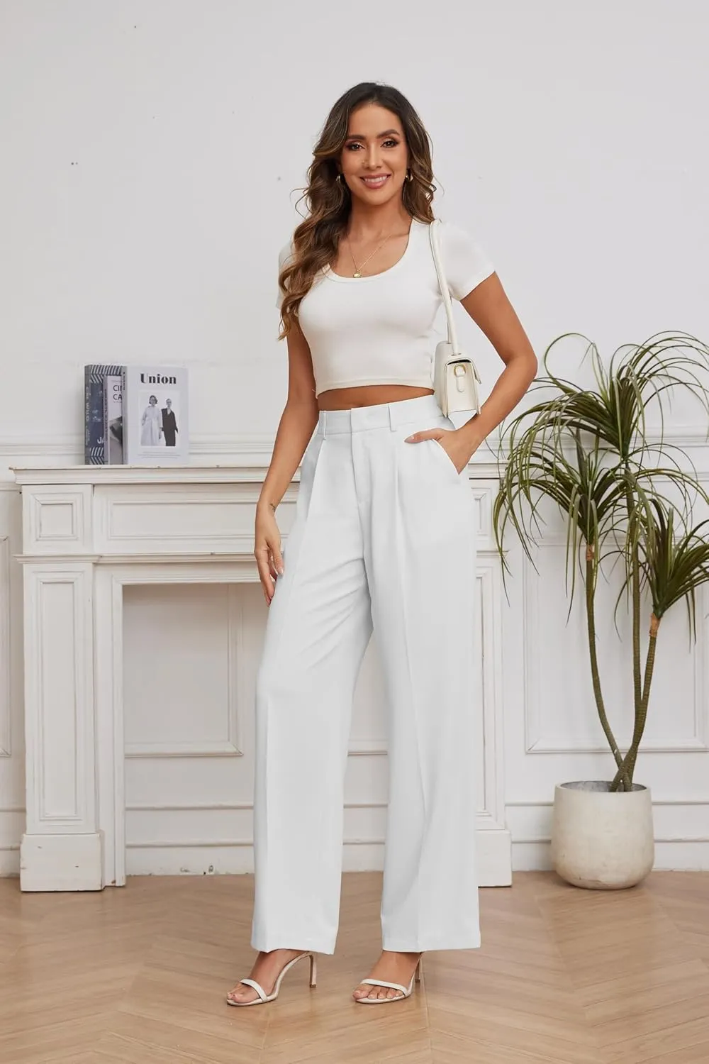 FUNYYZO Women Suit Pants Wide Leg Pants High Elastic Waisted in The Back Business Work Trousers Long Straight