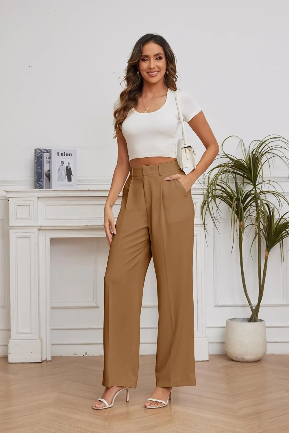 FUNYYZO Women Suit Pants Wide Leg Pants High Elastic Waisted in The Back Business Work Trousers Long Straight