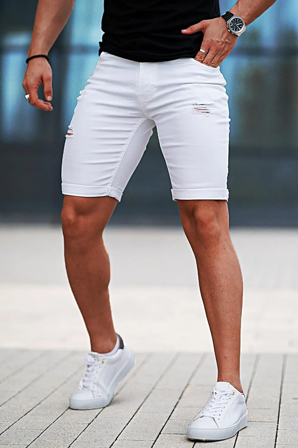 GINGTTO Mens Denim Shorts Ripped Skinny Stretch Jean Shorts Men