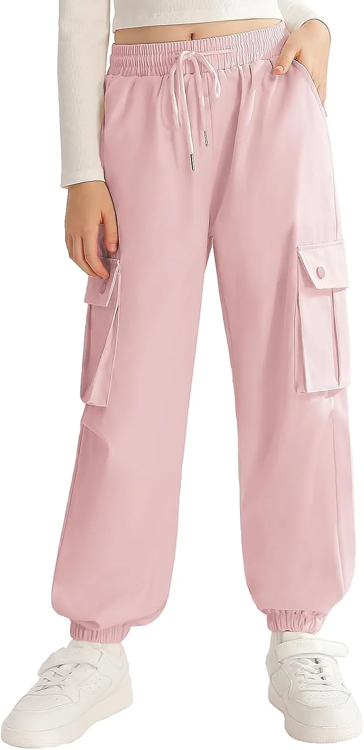 Girls Cargo Jogger Pants Parachute Pants with Elastic Waist and Pockets Cargo Trousers for Teens Girls 7-14 Years