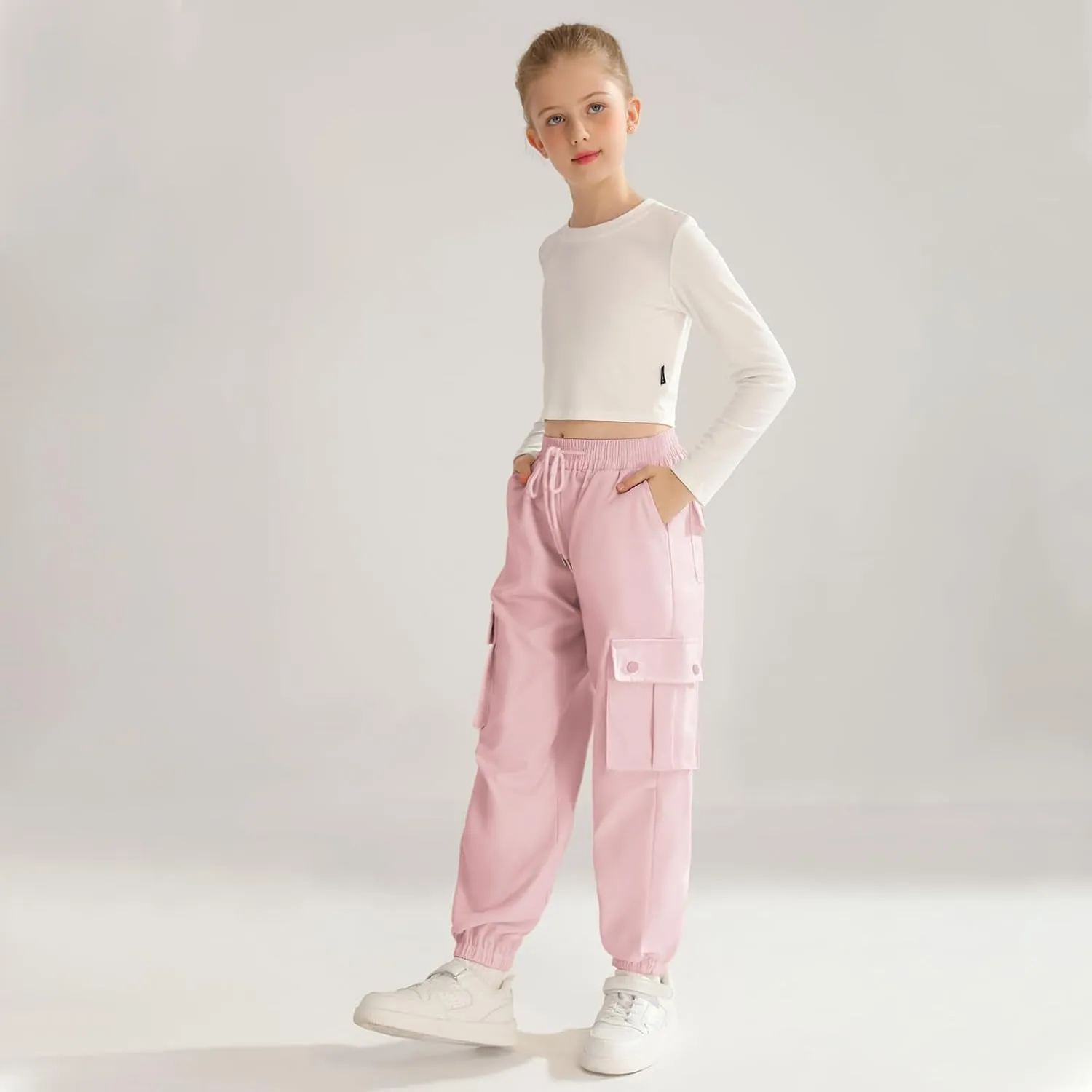 Girls Cargo Jogger Pants Parachute Pants with Elastic Waist and Pockets Cargo Trousers for Teens Girls 7-14 Years