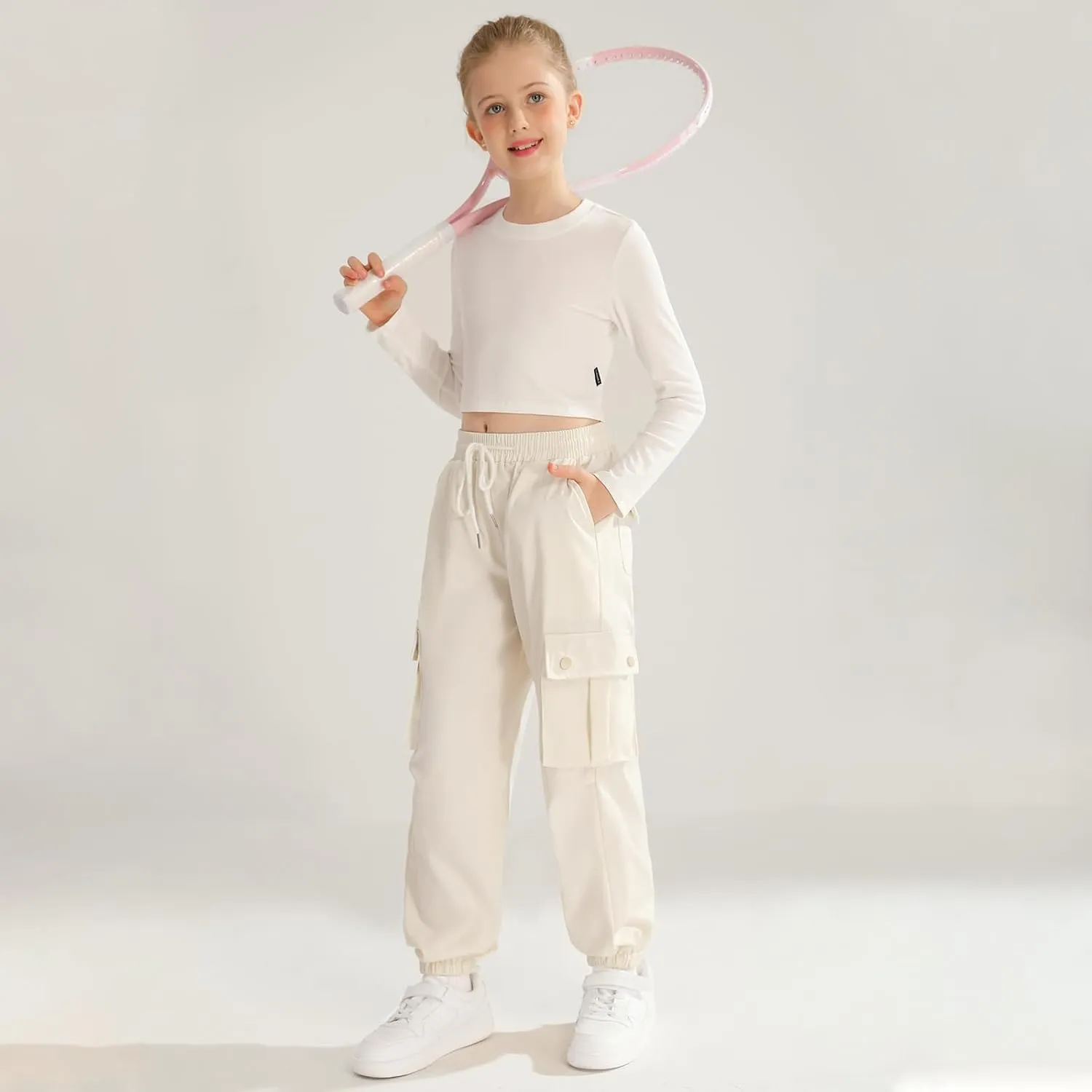 Girls Cargo Jogger Pants Parachute Pants with Elastic Waist and Pockets Cargo Trousers for Teens Girls 7-14 Years