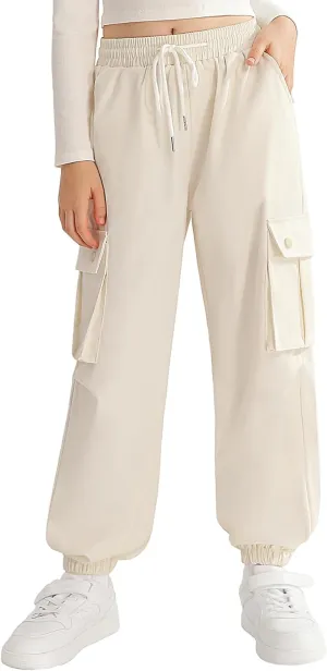 Girls Cargo Jogger Pants Parachute Pants with Elastic Waist and Pockets Cargo Trousers for Teens Girls 7-14 Years
